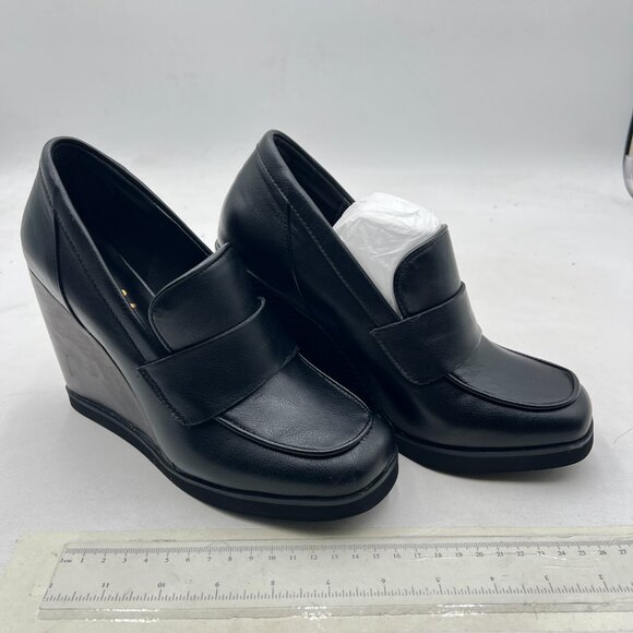 YDN Black Dressy Strappy Pumps Square Closed Toe Slip On Wedge High Heel Loafers - Picture 4 of 8